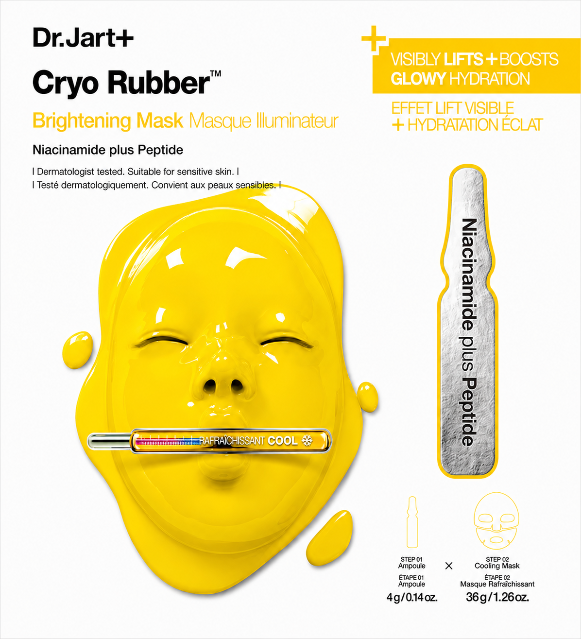 Dr.Jart+ Cryo Rubber Brightening Mask with Niacinamide Plus Peptide sheet mask, displayed in its original white and yellow sachet on a pure white background, highlighting the innovative cooling rubber mask technology formulated to brighten dull skin, improve radiance and deliver intensive hydration for a healthy, luminous complexion.