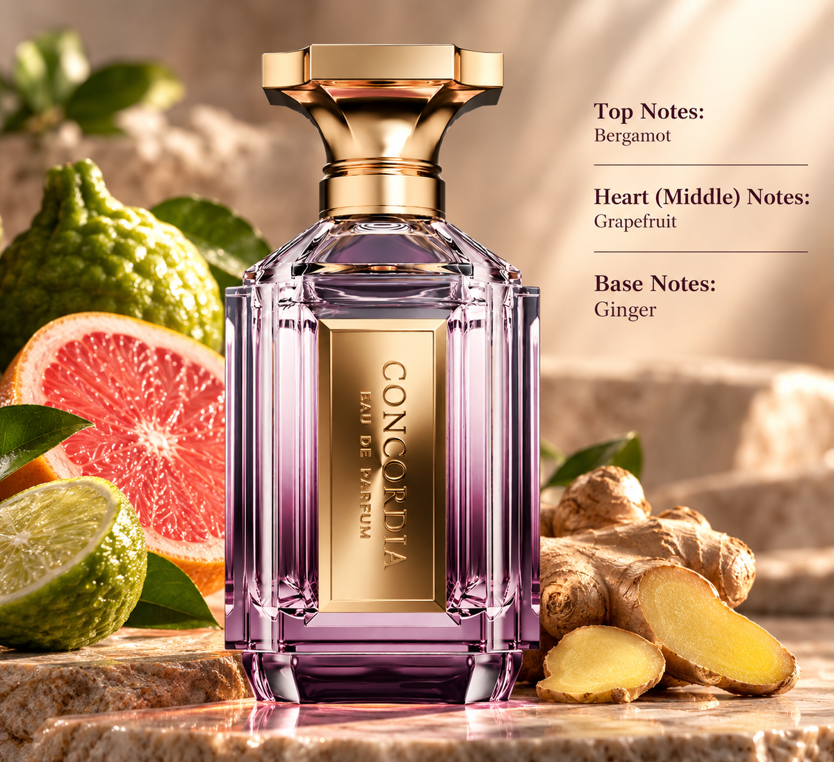 Concordia Eau de Parfum presented in a refined citrus composition featuring fresh bergamot and grapefruit with a distinctive warm, spicy ginger base, surrounded by natural citrus fruits and ginger.