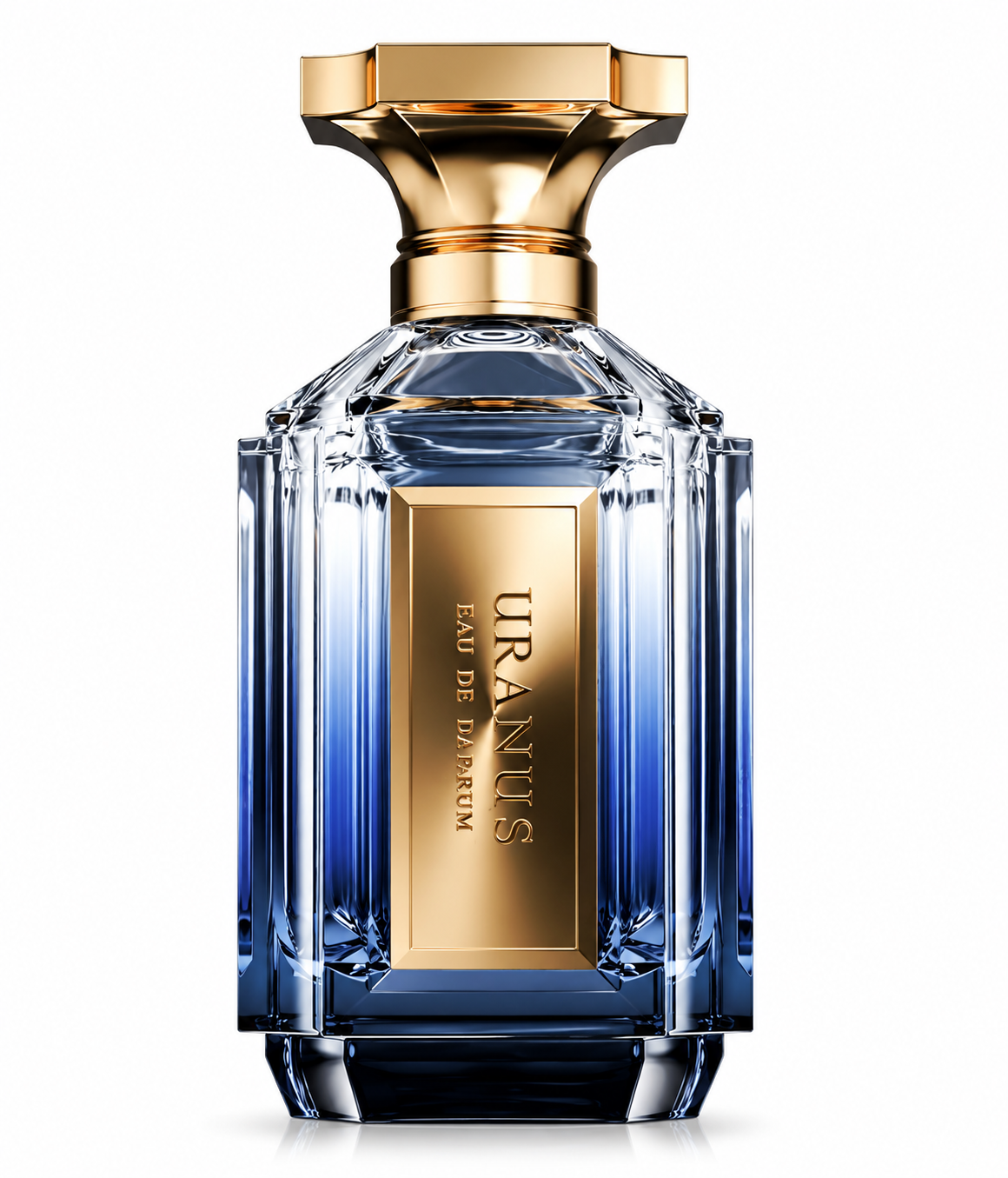 Uranus Eau de Parfum in a luxurious faceted glass bottle with a deep blue gradient, finished with an elegant sculptural gold cap and vertical gold Uranus plaque on a clean white background.