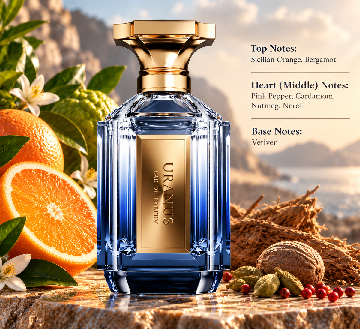 Uranus Eau de Parfum presented in an elegant Mediterranean-inspired setting with Sicilian orange and bergamot, pink pepper, cardamom, nutmeg and neroli, complemented by a refined vetiver base.