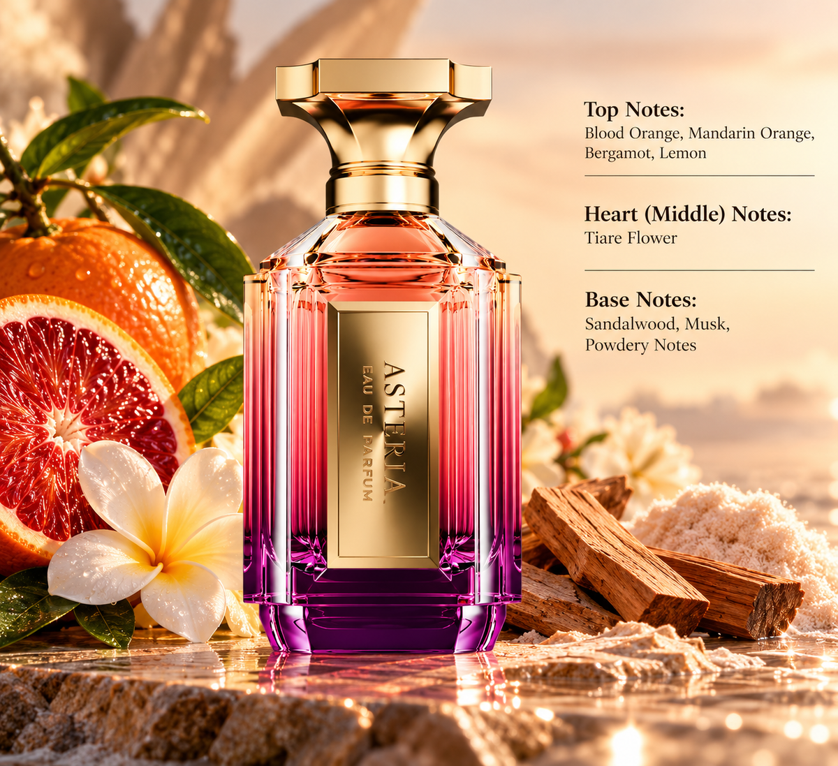 Asteria Eau de Parfum presented in an elegant warm setting with blood orange, mandarin, bergamot and lemon, delicate tiare flower, and a soft sandalwood, musk and powdery base.