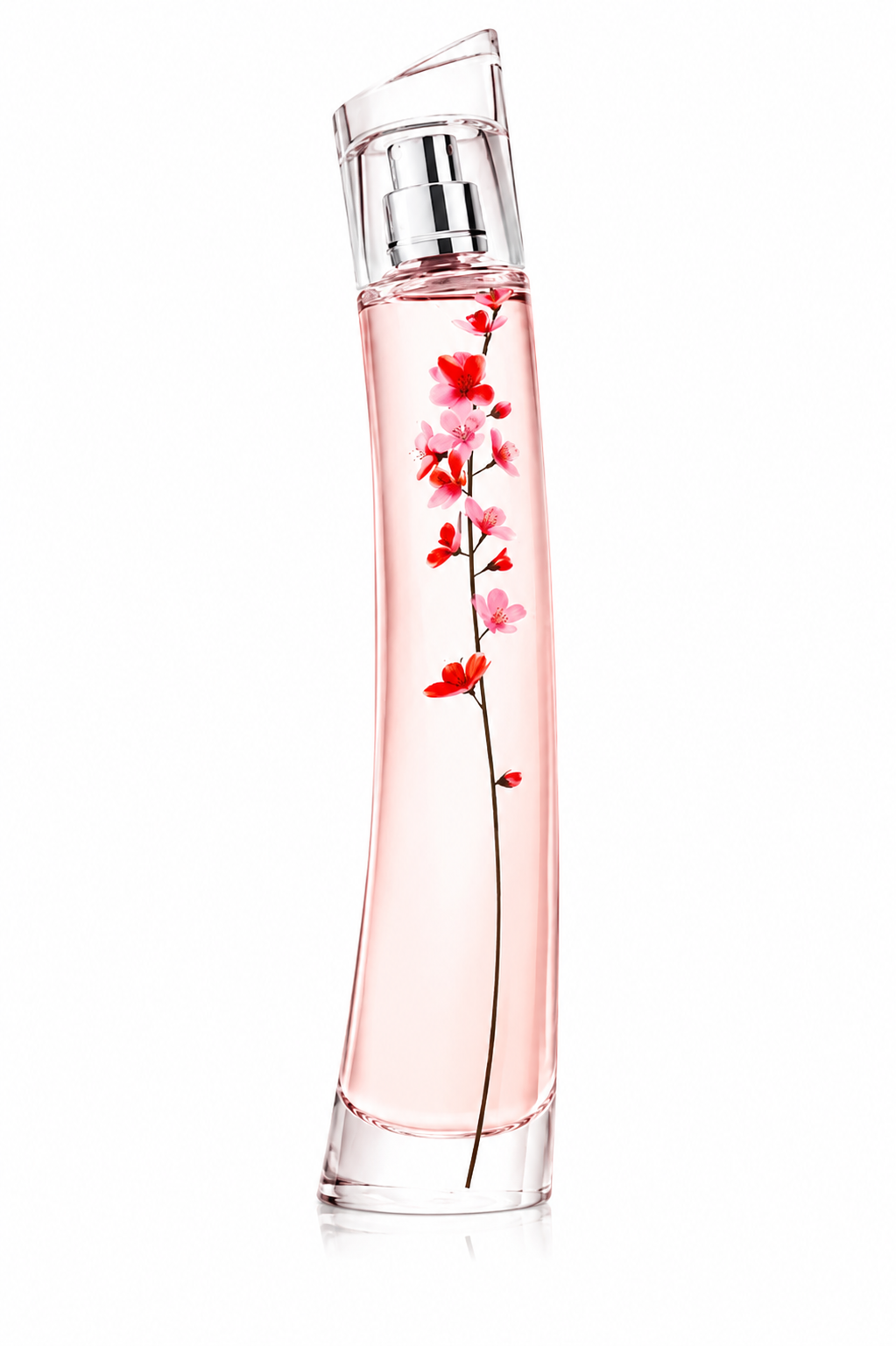 Kenzo Flower by Kenzo Cherry Poppy Eau de Parfum bottle isolated on a white background, featuring a tall curved transparent bottle with soft pink fragrance and a delicate cherry blossom branch illustrated inside.