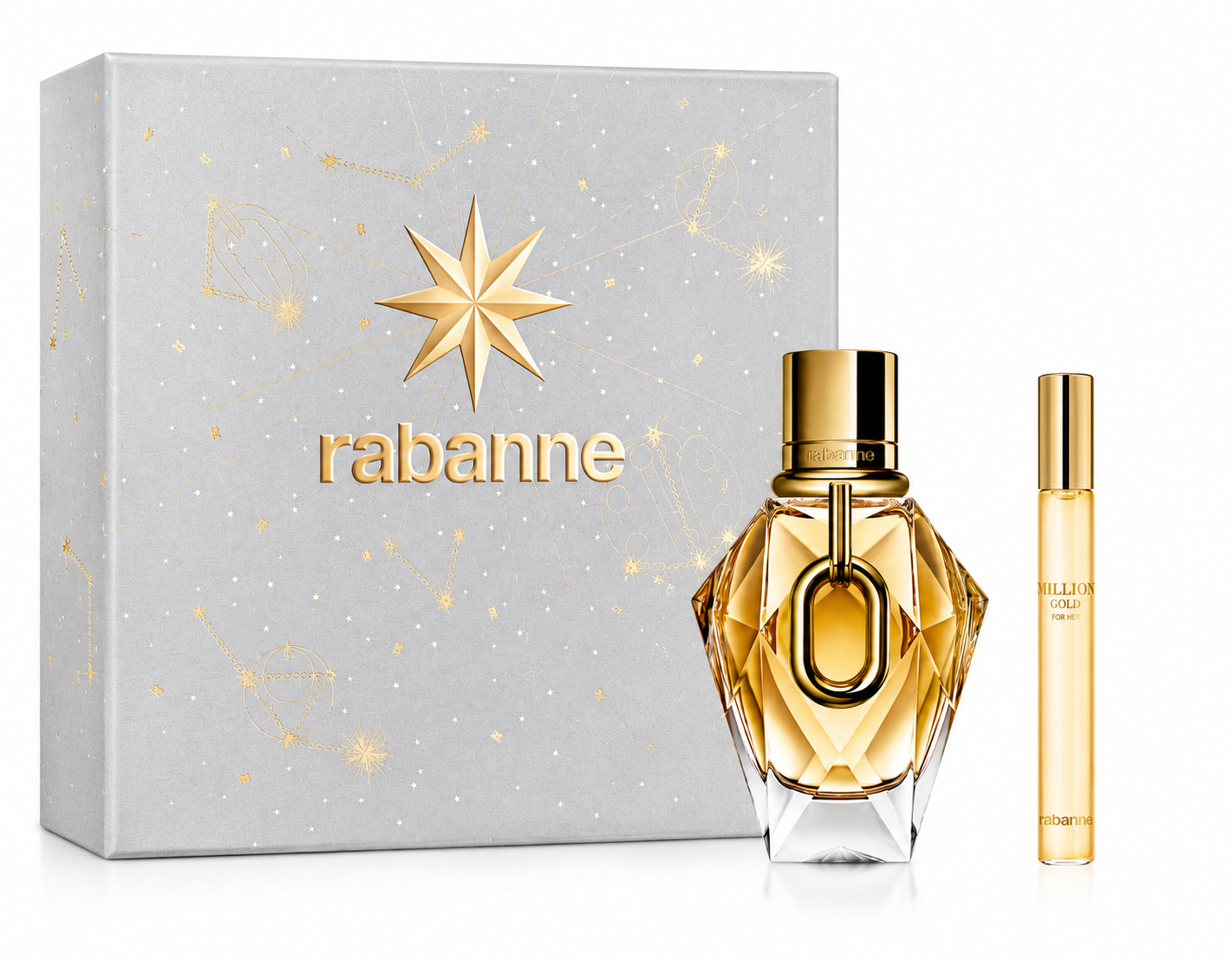 Rabanne Million Gold For Her Gift Set featuring Eau de Parfum and travel spray in a luxury holiday gift box.