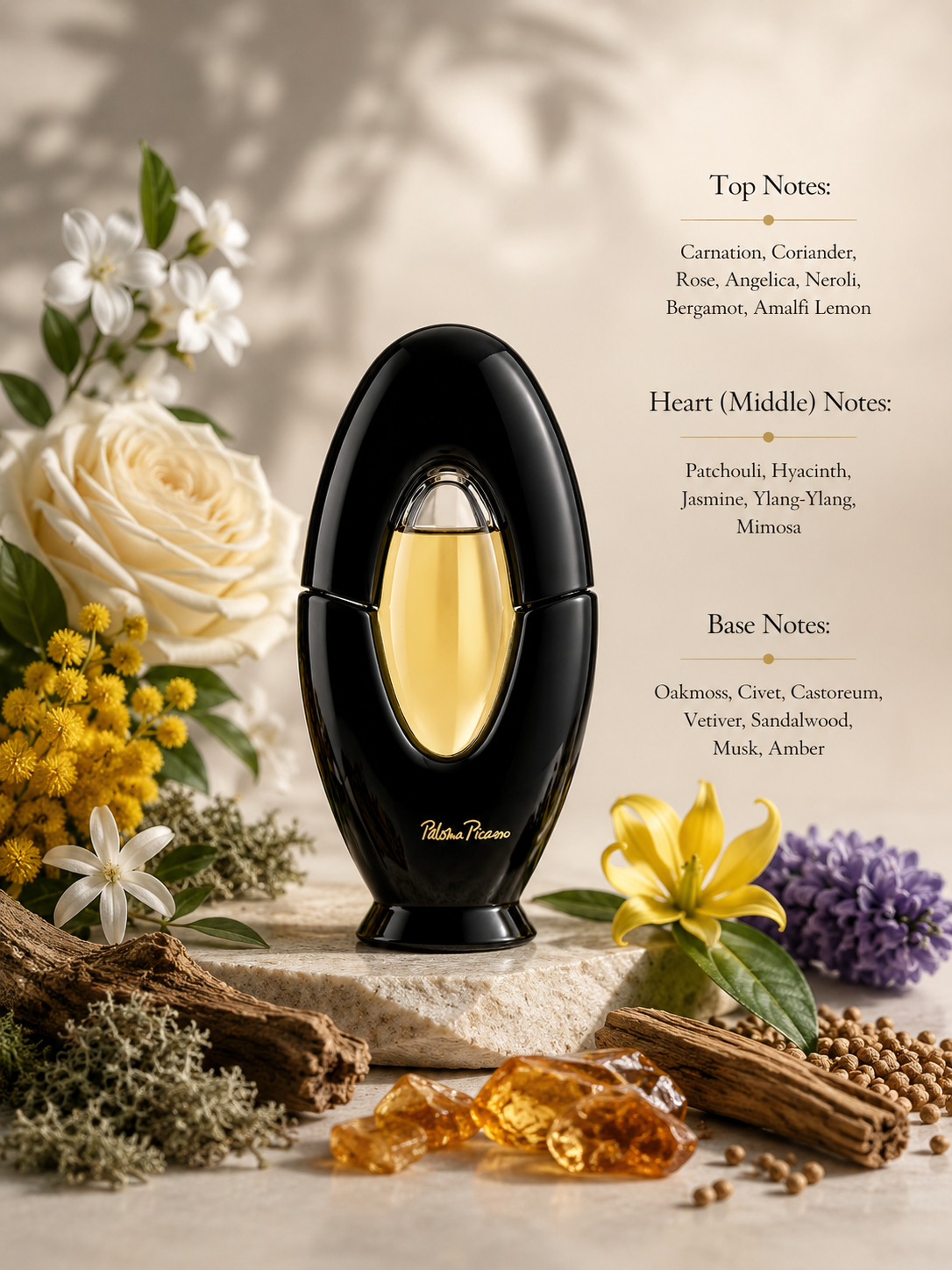 Paloma Picasso Mon Parfum displayed with fragrance notes, surrounded by rose, jasmine, ylang-ylang, mimosa, hyacinth, carnation, neroli, bergamot, Amalfi lemon, coriander, oakmoss, sandalwood, vetiver, amber, and musk, highlighting its rich floral, woody, and chypre fragrance profile.