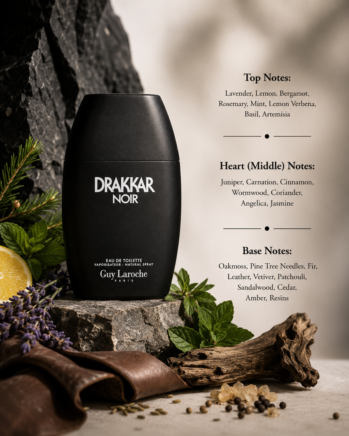 Guy Laroche Drakkar Noir Eau de Toilette for Men displayed with its fragrance notes, surrounded by lavender, lemon, mint, rosemary, juniper, cinnamon, oakmoss, leather, cedarwood, sandalwood, patchouli, and amber, highlighting its classic aromatic woody fragrance profile.