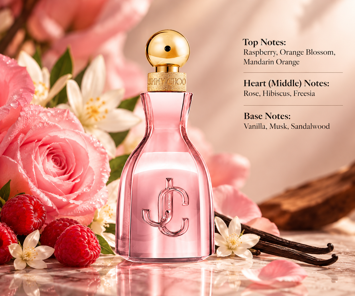 Jimmy Choo I Want Choo With Love perfume in an elegant pink glass bottle with gold spherical cap and JC logo, surrounded by pink roses, fresh raspberries, delicate white flowers and vanilla pods, highlighting its fruity floral fragrance with warm, sensual undertones.
