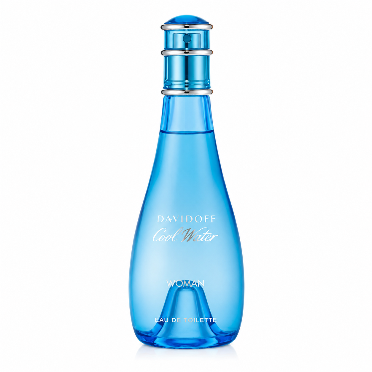 Davidoff Cool Water Woman Eau de Toilette bottle isolated on a white background, featuring the iconic translucent blue bottle with a sleek curved silhouette inspired by the freshness and purity of the ocean.