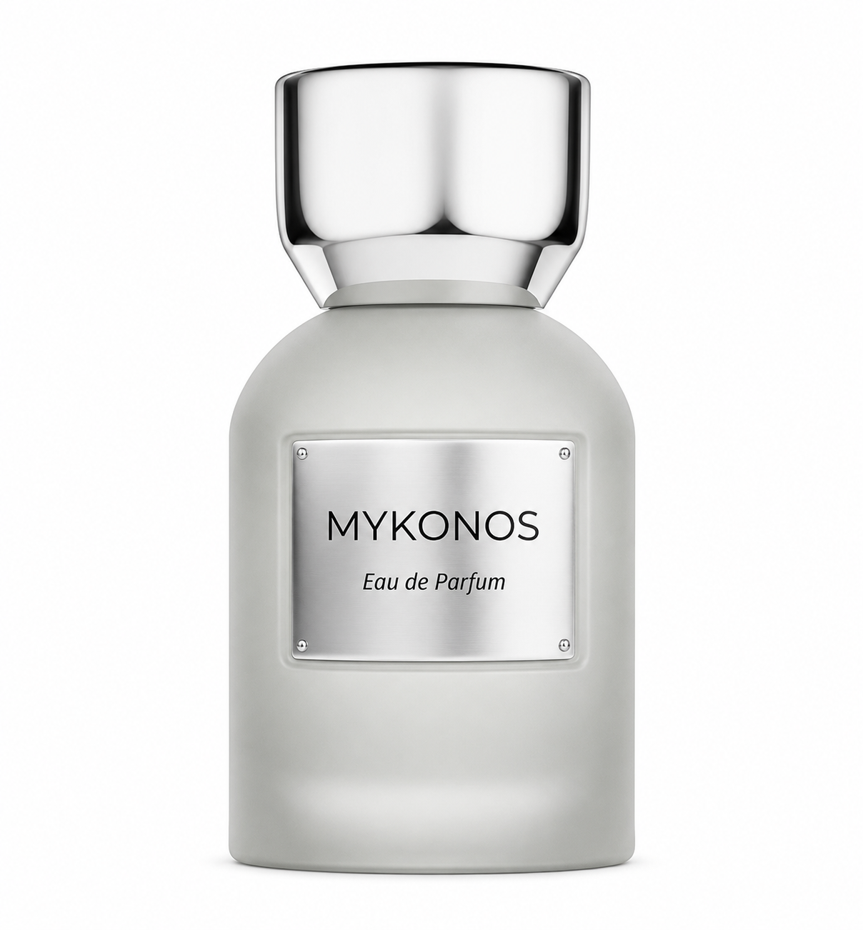 Mykonos Slow Living Eau de Parfum in an elegant frosted white glass bottle with a polished silver cap and metallic silver label, isolated on a clean white background.