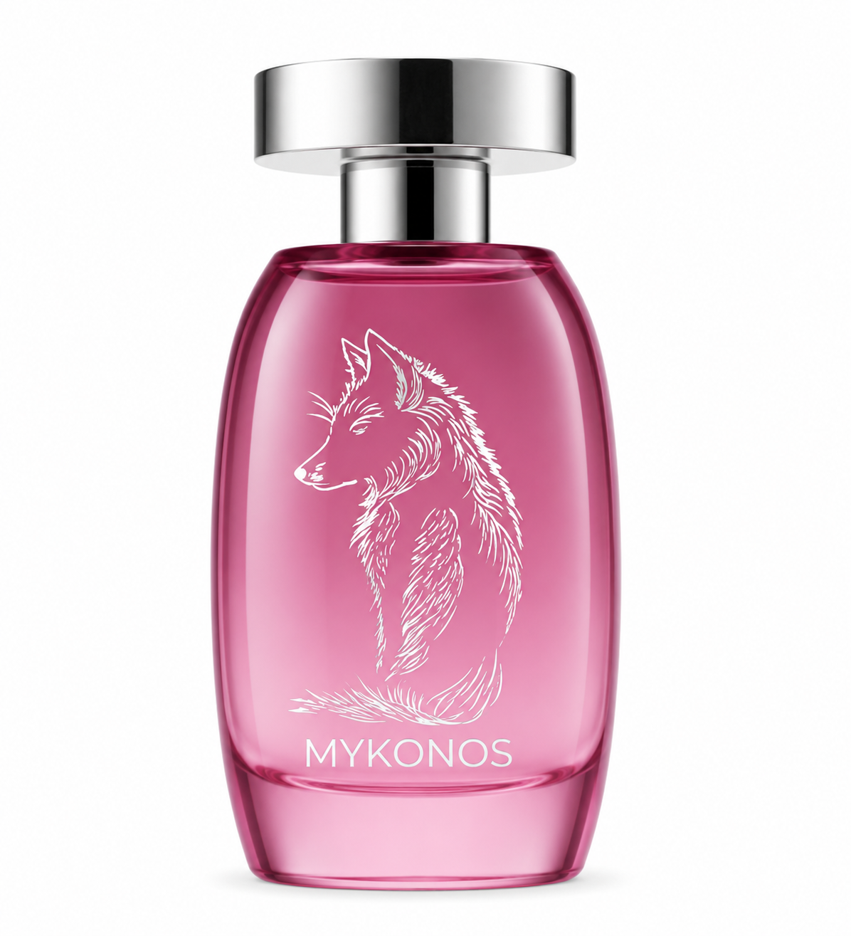 Mykonos Silent Whisper Eau de Parfum in an elegant transparent pink glass bottle with a polished silver cap, featuring a delicate white wolf illustration, isolated on a clean white background.