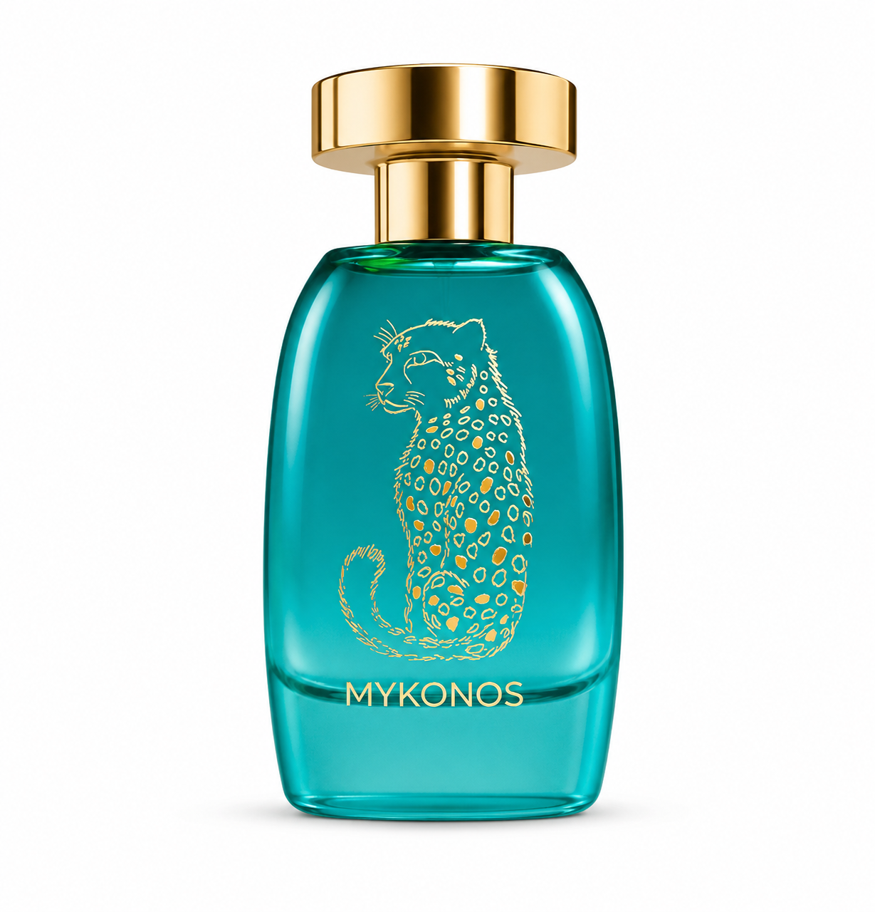 Mykonos Dreamscape 100ml Eau de Parfum in a vibrant turquoise glass bottle with a gold cap and elegant leopard illustration, isolated on a clean white background.