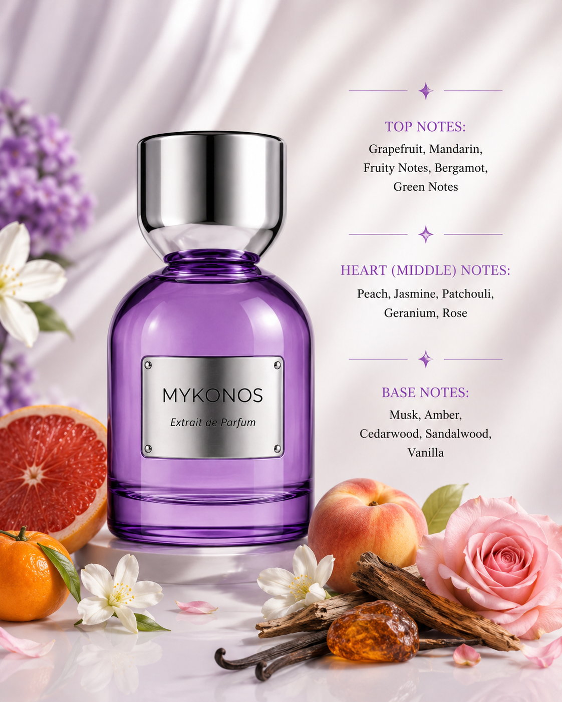 Mykonos Reflection Elixir Extrait de Parfum surrounded by grapefruit, mandarin, peach, jasmine blossoms, pink rose, vanilla pods, sandalwood, cedarwood and amber resin, capturing its luminous citrus opening, refined floral heart and warm woody-amber finish.