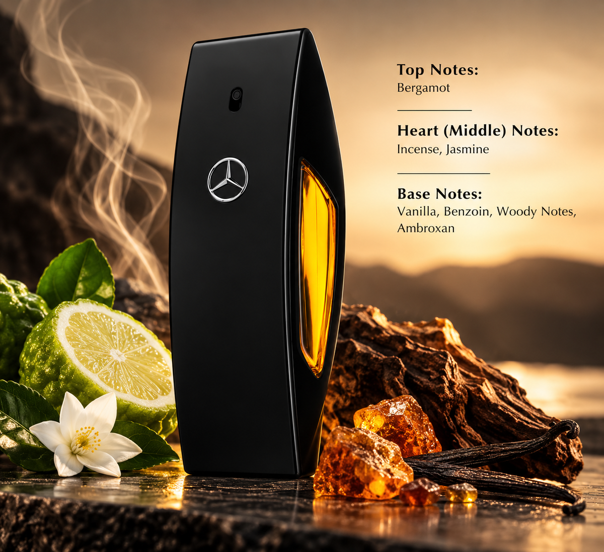 Mercedes-Benz men’s fragrance presented with bergamot, jasmine, smoky incense, vanilla, benzoin and woody accents, highlighting its warm, ambery, smoky and woody scent profile in an elegant sunset-inspired setting.