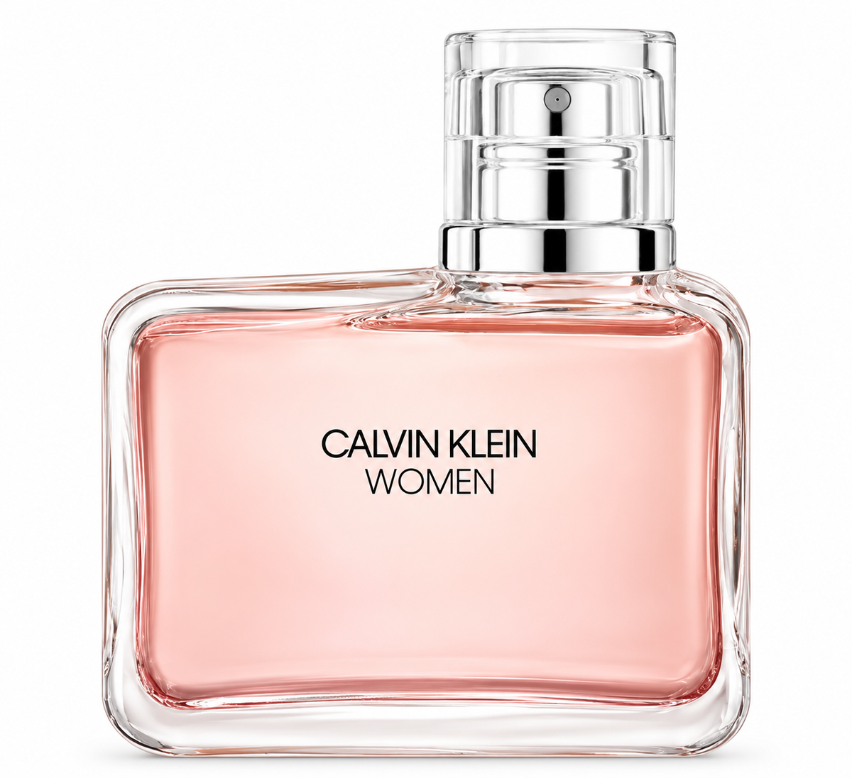 Calvin Klein Women Eau de Parfum featuring an elegant, asymmetrical clear glass bottle filled with soft pink perfume, a transparent cylindrical cap and silver detailing. A minimalist luxury women's fragrance product photograph on a pure white background.