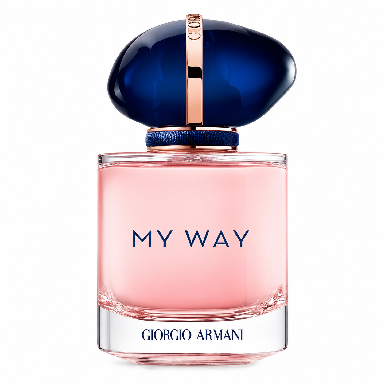 Giorgio Armani My Way Eau de Parfum bottle with a soft pink glass design, deep blue jewel-inspired cap and elegant rose gold accents.