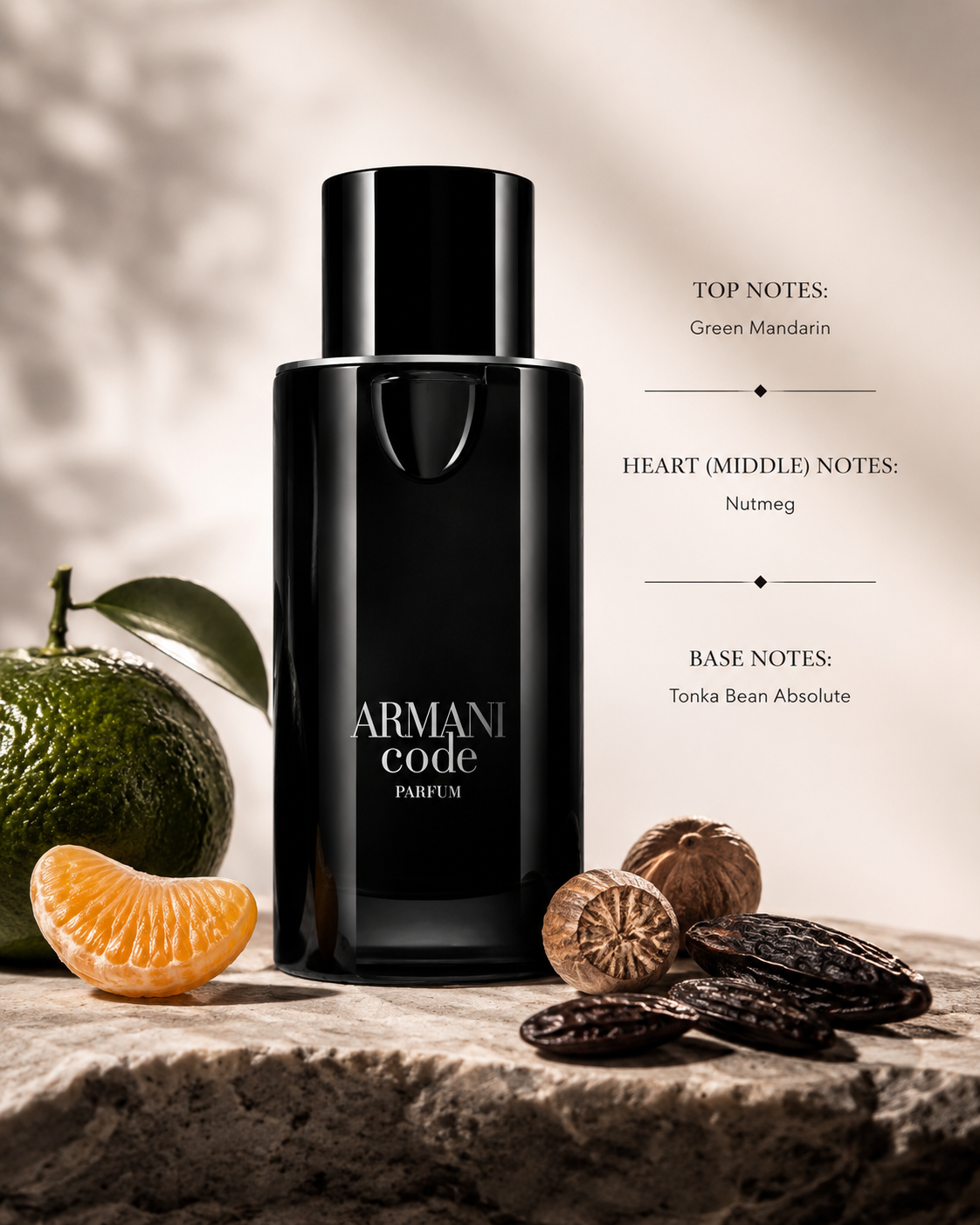 Giorgio Armani Armani Code Parfum with fragrance notes of green mandarin, nutmeg and tonka bean absolute.