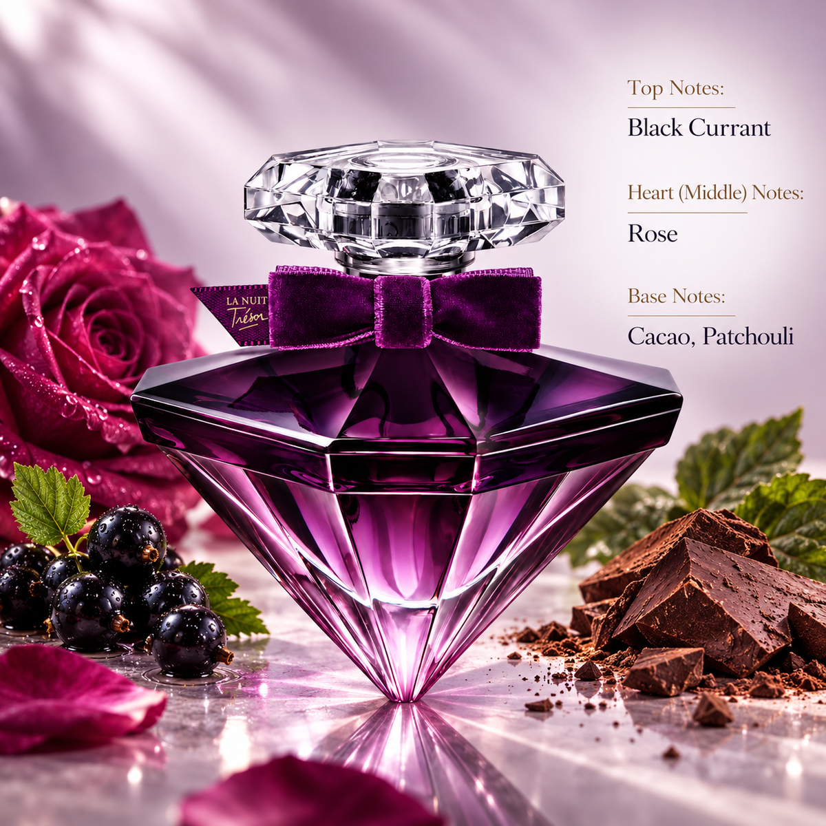 Lancôme La Nuit Trésor perfume in a stunning purple diamond-shaped bottle with a crystal cap and velvet bow, surrounded by dark red roses, juicy black currants and rich cacao pieces. A sensual fruity floral gourmand fragrance with rose, black currant, cacao and patchouli notes, presented in an elegant, romantic setting.