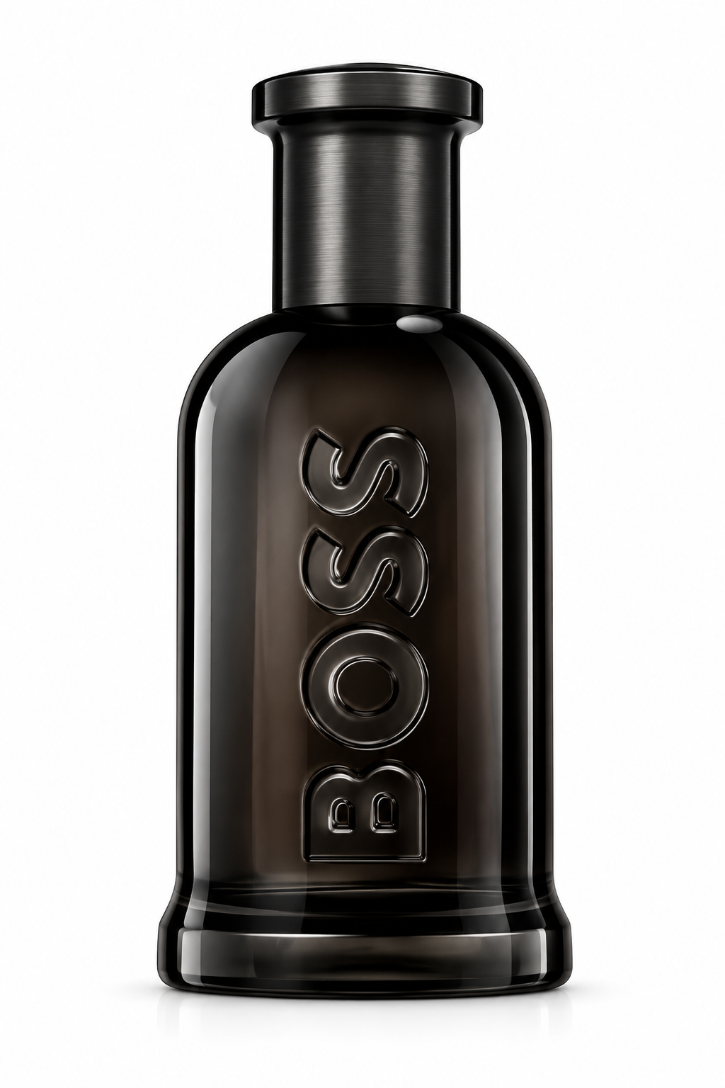 Hugo Boss Bottled perfume for men, featuring a sleek, glossy black glass bottle with embossed vertical BOSS lettering and a brushed black metallic cap, photographed front-facing against a pristine white background with subtle reflections and premium detailing.