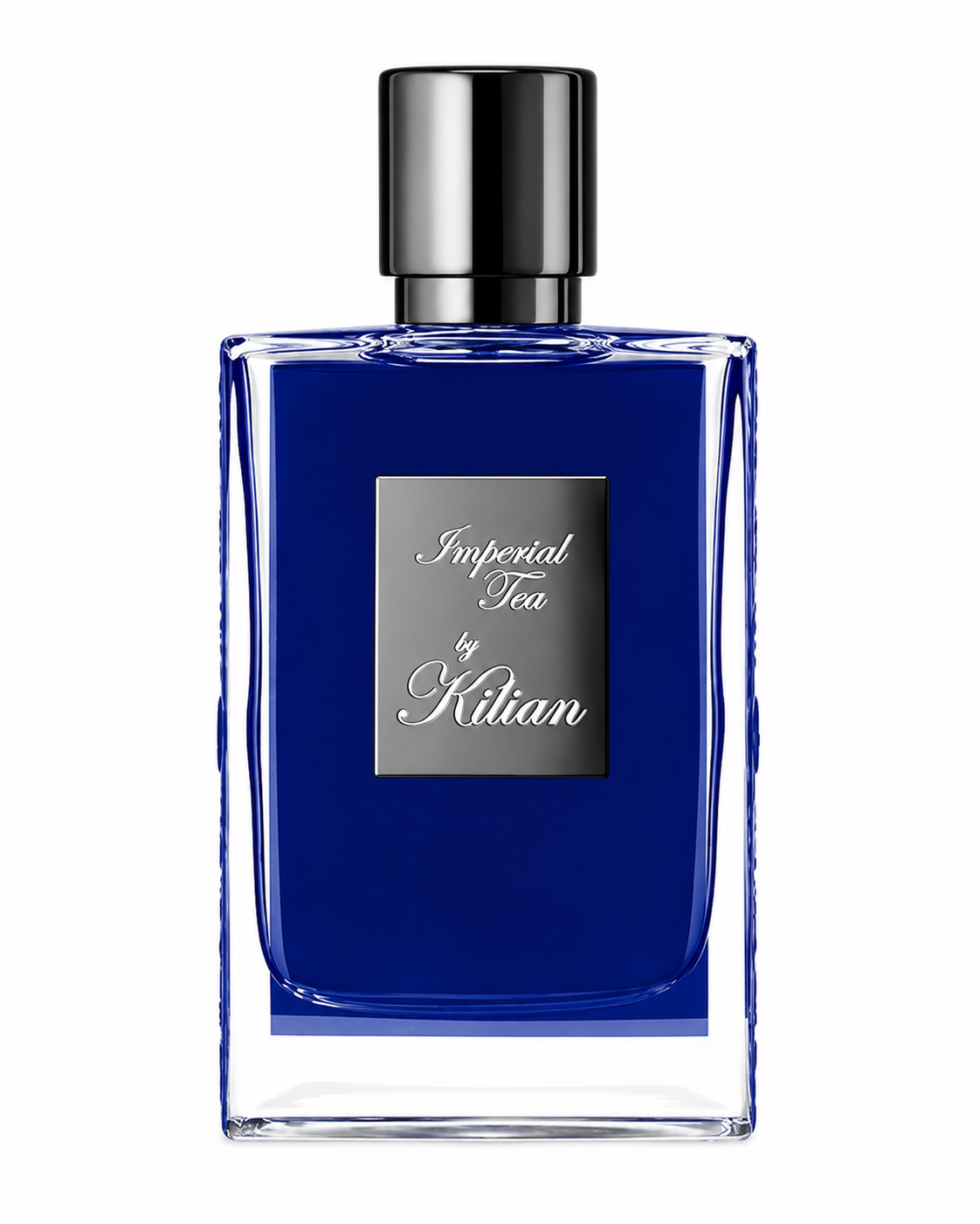 By Kilian Imperial Tea Eau de Parfum bottle isolated on a white background, featuring a deep cobalt blue rectangular glass bottle with a polished silver plaque and glossy black cylindrical cap.