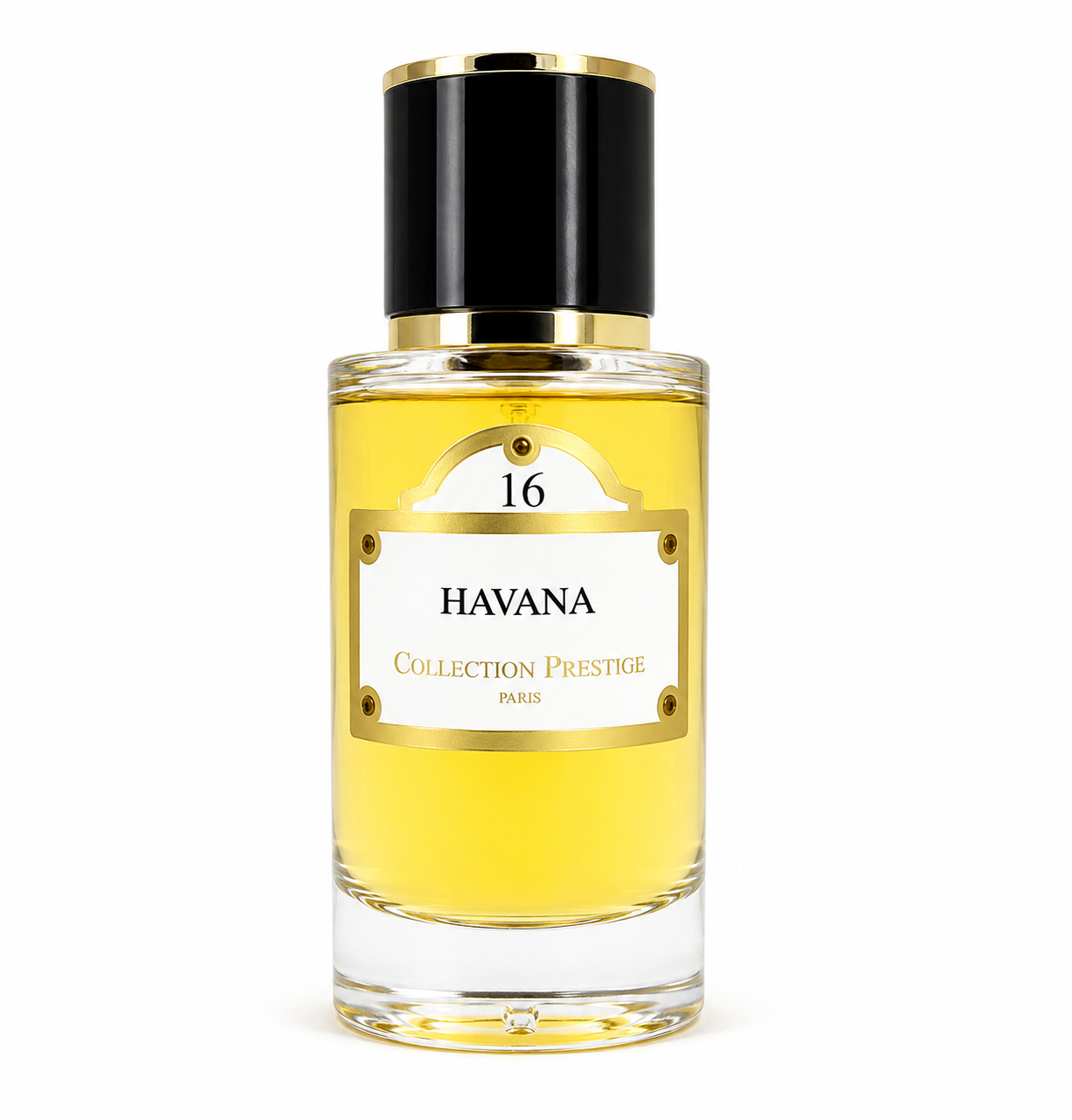 Collection Prestige Havana No.16 Extrait de Parfum 50ml luxury fragrance bottle with elegant gold accents, front view on a white background.