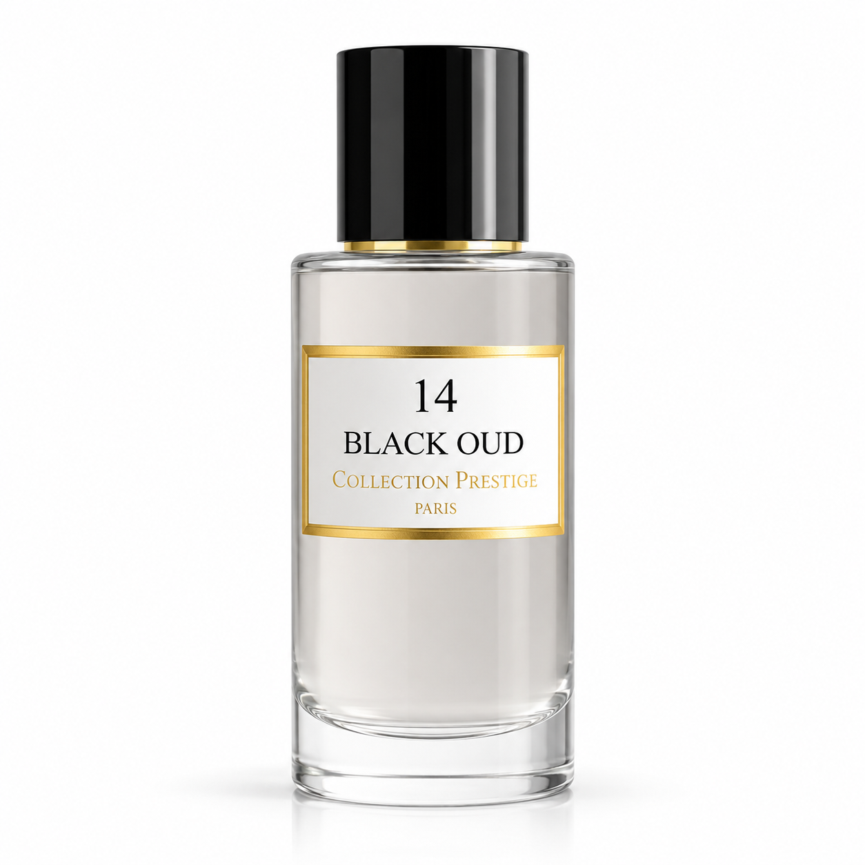 Collection Prestige Black Oud No. 14 Eau de Parfum in a sleek clear glass bottle with a black cap and gold-accented label, isolated on a clean white background. This luxurious oriental woody fragrance opens with vibrant pepper, cardamom, and pink berries, unfolds into a rich heart of sandalwood, vetiver, and oud, and settles into a warm, long-lasting base of vanilla, tonka bean, and amber.