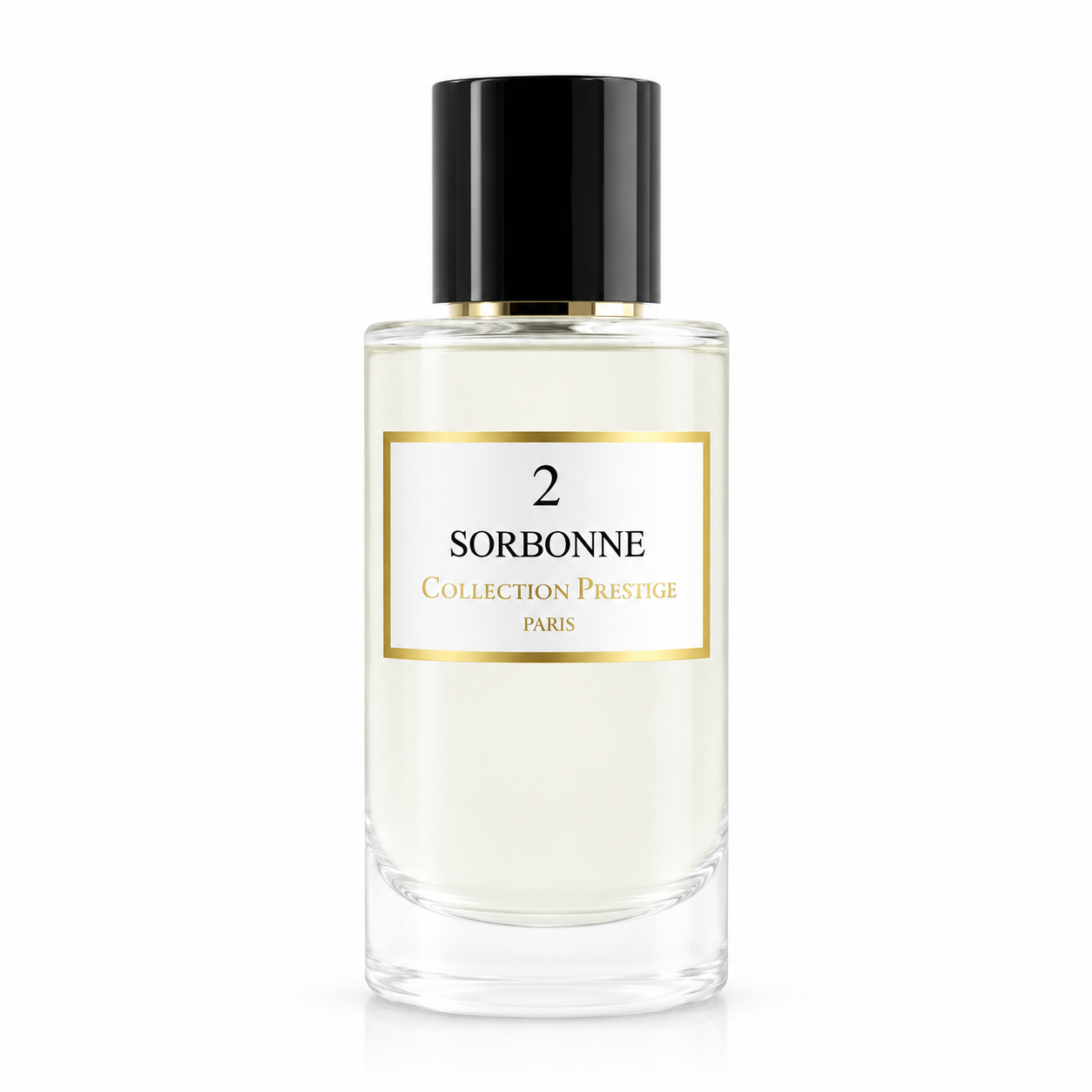 Collection Prestige Sorbonne No. 2 Eau de Parfum in a minimalist clear glass bottle with a glossy black cap and elegant gold-trimmed label, displayed on a clean white background. This timeless floral fragrance opens with fresh rose and bergamot, develops into a romantic heart of rose and jasmine, and finishes with a refined base of oakmoss, patchouli, and amber, creating an elegant, sophisticated, and long-lasting scent.