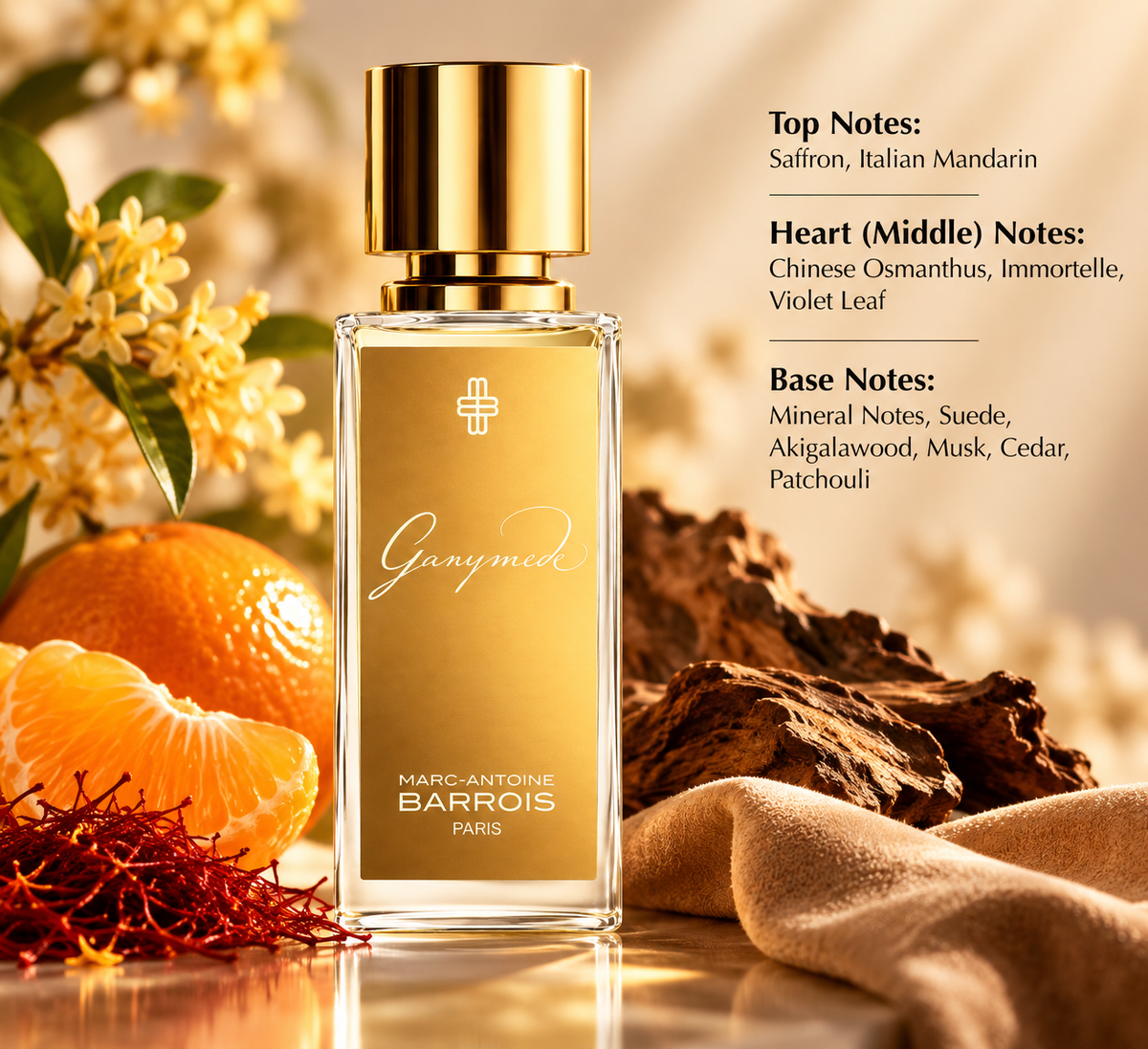 Marc-Antoine Barrois Ganymede perfume in a warm golden setting with saffron, mandarin, osmanthus, suede and woody accents, reflecting its sophisticated mineral, leathery, woody and subtly floral fragrance profile.