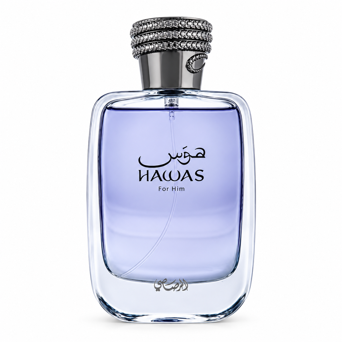Rasasi Hawas For Him Eau de Parfum men's fragrance in an elegant transparent glass bottle with light violet perfume, black Arabic lettering and a distinctive silver metallic cap. Luxury Arabian perfume presented against a pure white background