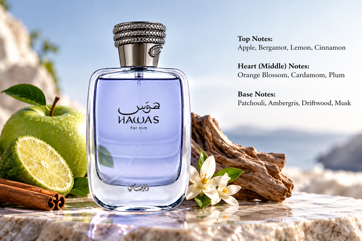 Rasasi Hawas For Him Eau de Parfum displayed with fresh green apple, bergamot, cinnamon sticks, orange blossom and driftwood against an elegant coastal background. A refreshing fruity aquatic men's fragrance with warm spicy notes, ambergris, patchouli and musk.