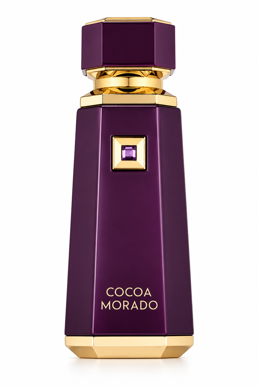French Avenue Cocoa Morado luxury perfume bottle featuring a deep plum purple finish, elegant geometric design, polished gold detailing, a matching purple cap and a decorative violet gemstone, photographed against a pure white background for a premium fragrance presentation.