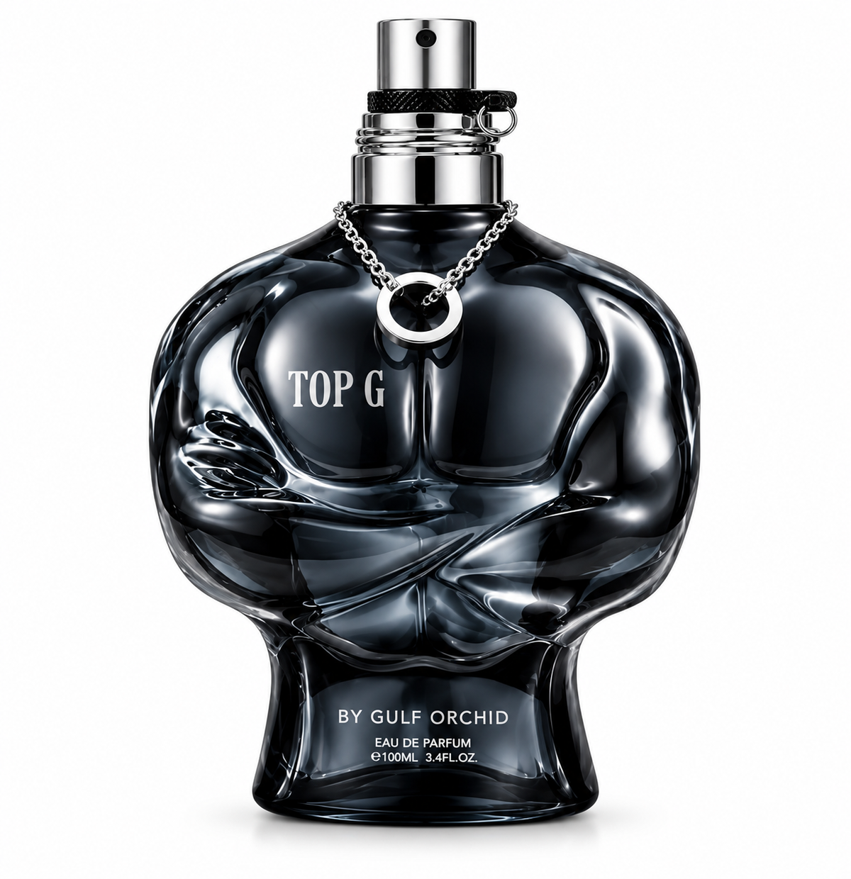 Gulf Orchid Top G 2 100ml Eau de Parfum featuring a striking glossy black, muscular torso-shaped bottle with sculpted details, a polished silver spray nozzle and a decorative silver chain pendant. Bold masculine perfume bottle photographed against a pure white background.