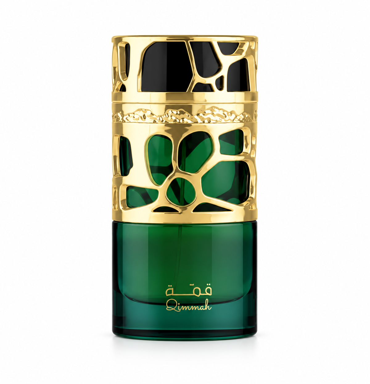 Lattafa Qimmah Eau de Parfum in an elegant emerald green glass bottle with an intricate gold geometric cage design and a matching black and gold cap. The luxurious Arabic perfume features gold Qimmah lettering in Arabic and English, photographed against a clean white background.