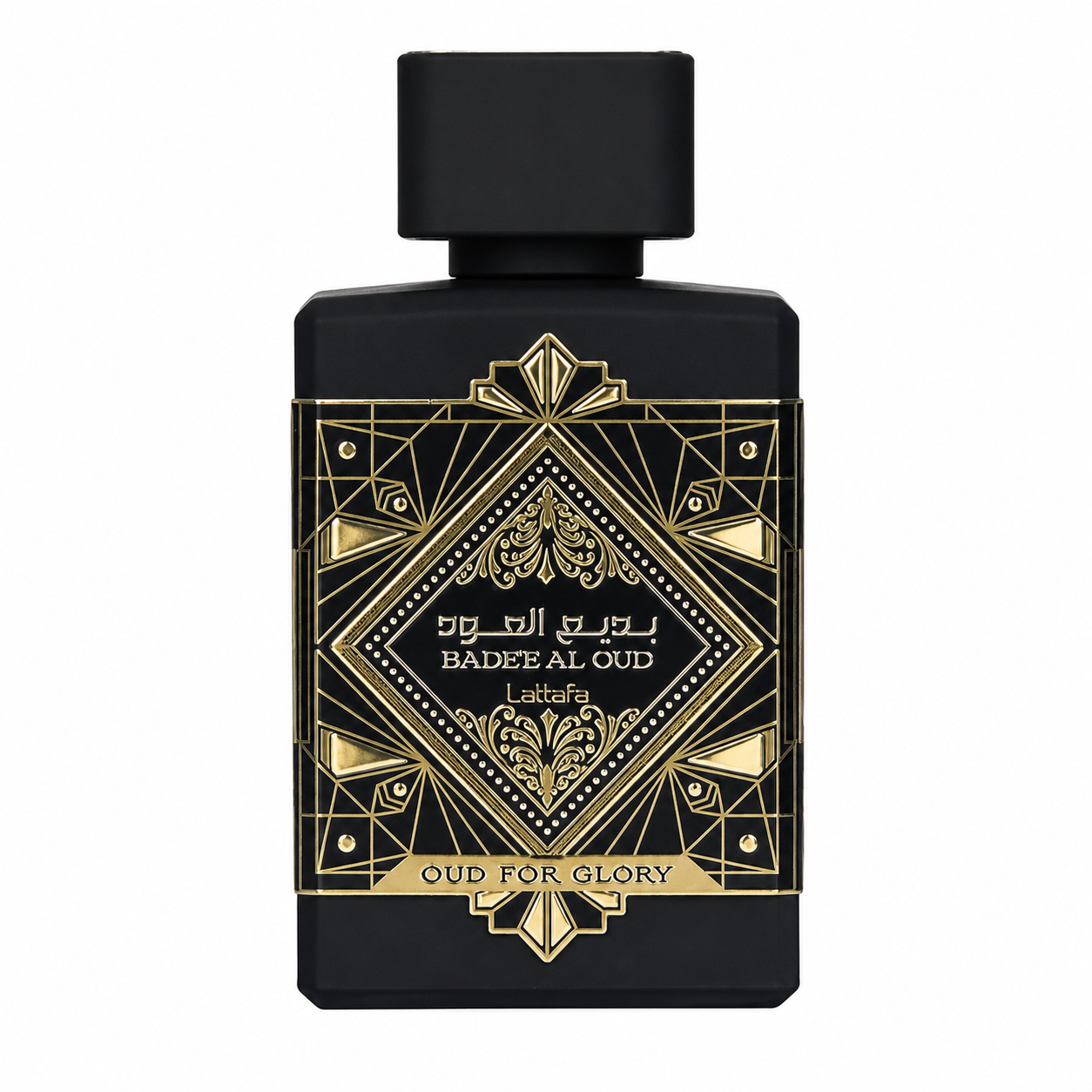 Lattafa Bade'e Al Oud Oud for Glory Eau de Parfum in a luxurious matte black bottle with intricate gold geometric detailing, presented on a clean white background. A rich oriental woody fragrance showcased in a premium high-resolution studio product image.