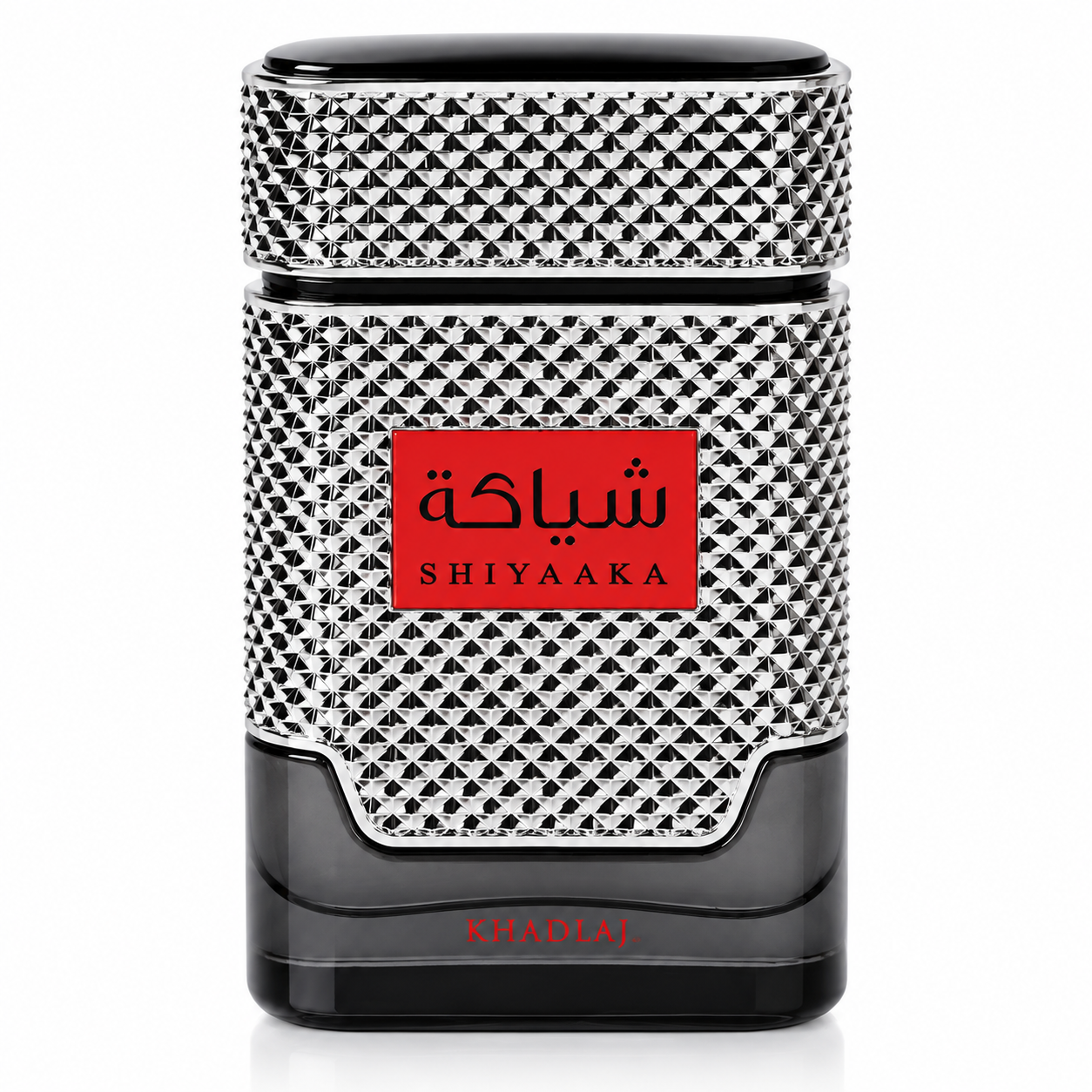Khadlaj Shiyaaka Men perfume presented in a striking black, silver and red bottle with intricate geometric detailing, bold Arabic-inspired branding and a sophisticated masculine design against a clean white background.