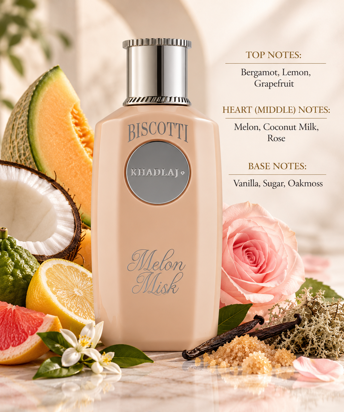 Khadlaj Biscotti Melon Misk styled with fresh melon, coconut, citrus fruits, rose, vanilla and sugar accents, visually expressing its bright fruity opening, creamy floral heart and soft, sweet musky character.