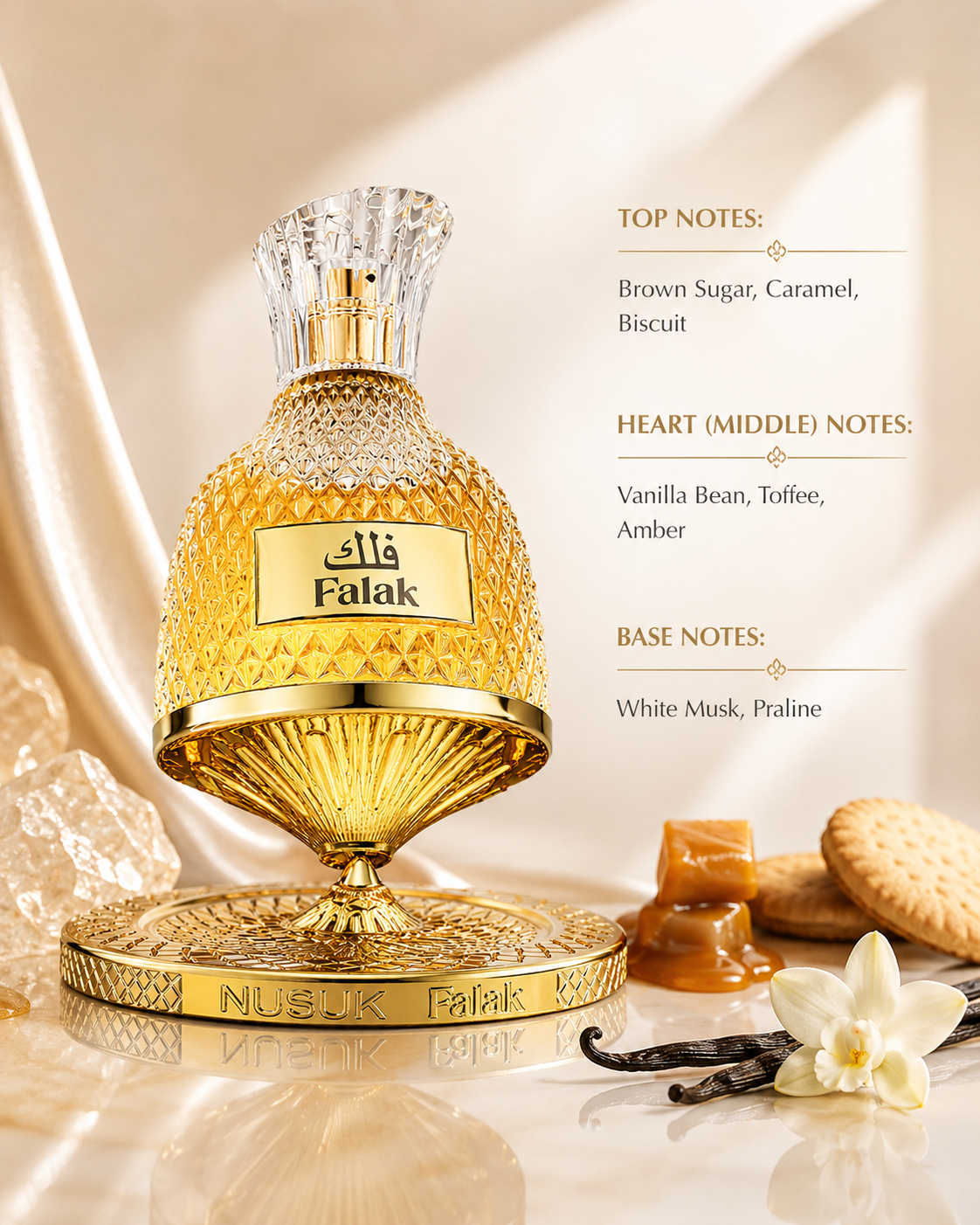 NUSUK Falak Eau de Parfum elegantly displayed on its decorative golden base alongside caramel, biscuits, vanilla orchid, and vanilla pods, highlighting the fragrance's rich gourmand scent profile. The composition features top notes of brown sugar, caramel, and biscuit, heart notes of vanilla bean, toffee, and amber, and a warm base of white musk and praline. Soft golden lighting and luxurious styling emphasize the perfume's sweet, comforting, and sophisticated character.