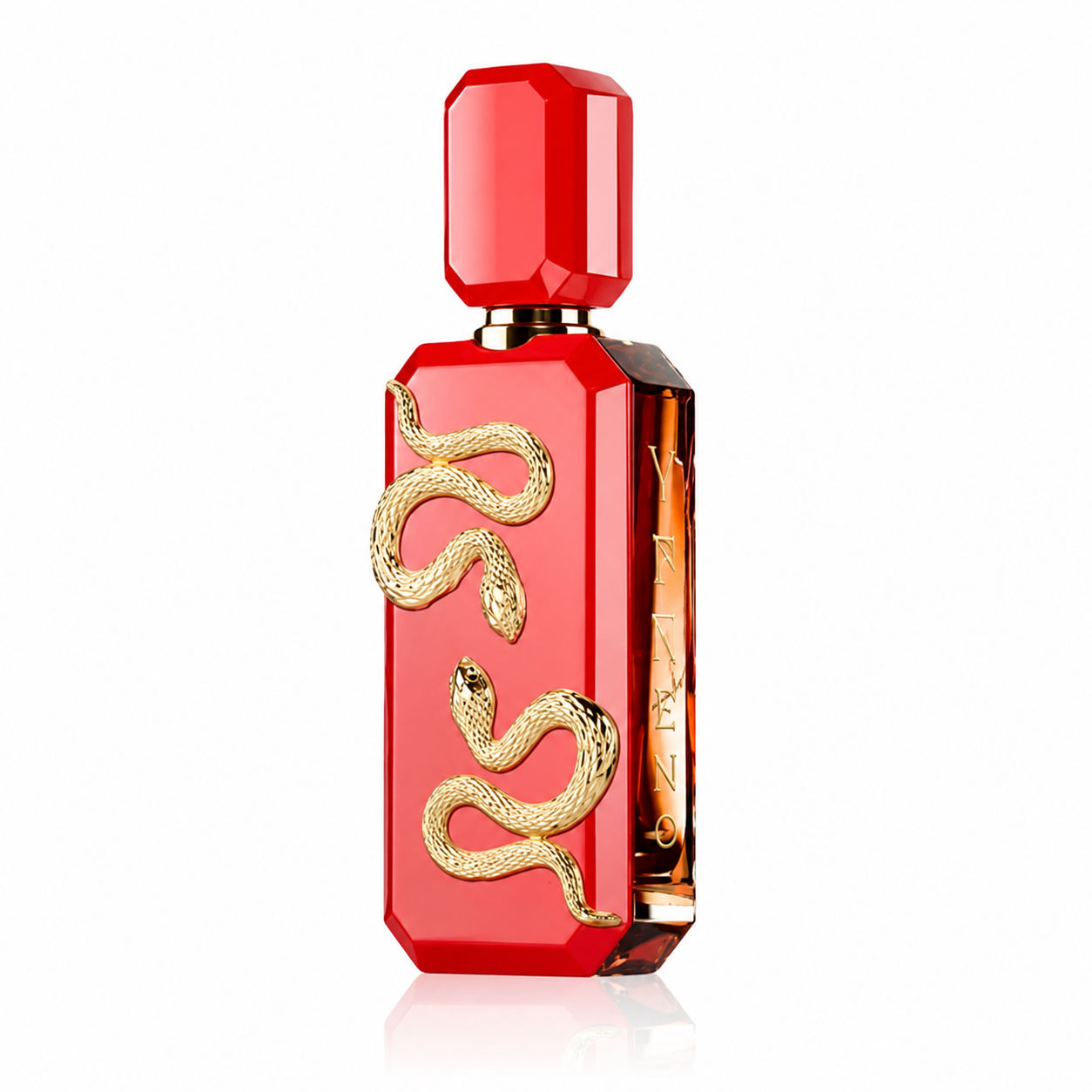 Ynneno Eau de Parfum in a striking ruby-red faceted bottle adorned with elegant gold serpent details, isolated on a clean white background. This luxurious fragrance opens with sweet strawberry, blackberry, and caramel, unfolds into raspberry, cedarwood, and warm cinnamon, and finishes with rich leather, patchouli, fir, vanilla, tonka bean, and caramel for a bold, seductive, and long-lasting scent.