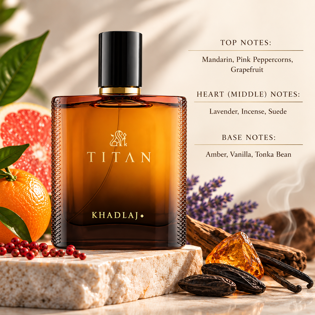 Khadlaj Titan styled in a warm, masculine setting with mandarin, pink peppercorns and grapefruit, balanced by lavender, incense and suede, while amber, vanilla and tonka bean create a rich, smooth and sensual finish.