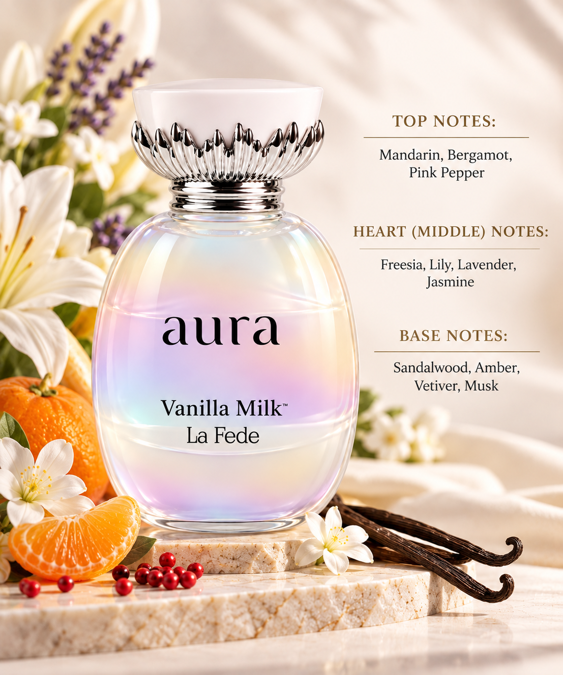Khadlaj Aura Vanilla Milk styled in a soft, luminous setting with mandarin, pink pepper, freesia, lily, lavender, jasmine, vanilla and warm woody elements, highlighting its creamy floral, softly fresh and sensual character.