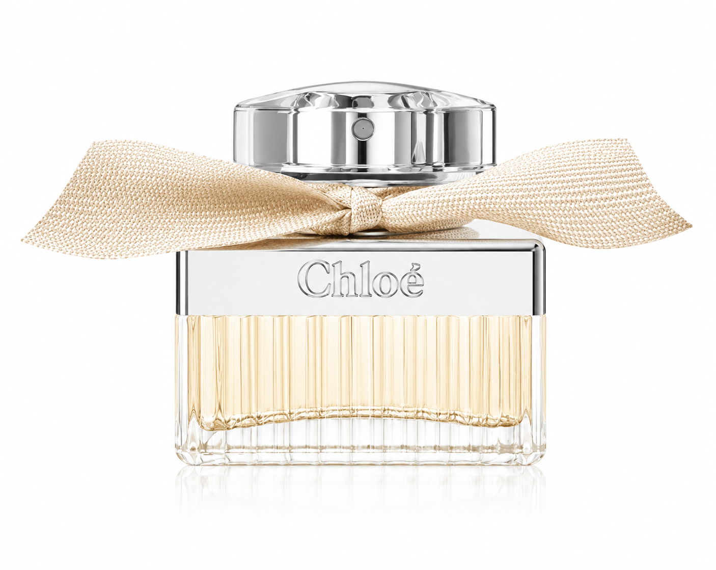 Chloé perfume bottle with a silver cap, a beige ribbon bow, and a clear ribbed glass body showing pale yellow liquid inside, on a white background.