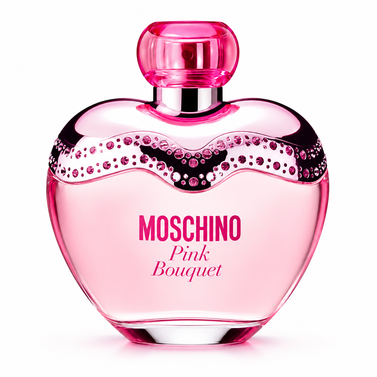 Moschino Pink Bouquet Eau de Toilette bottle isolated on a white background, featuring a rounded transparent pink glass bottle with a bright pink cap and a decorative band of sparkling crystal-like details around the shoulders.
