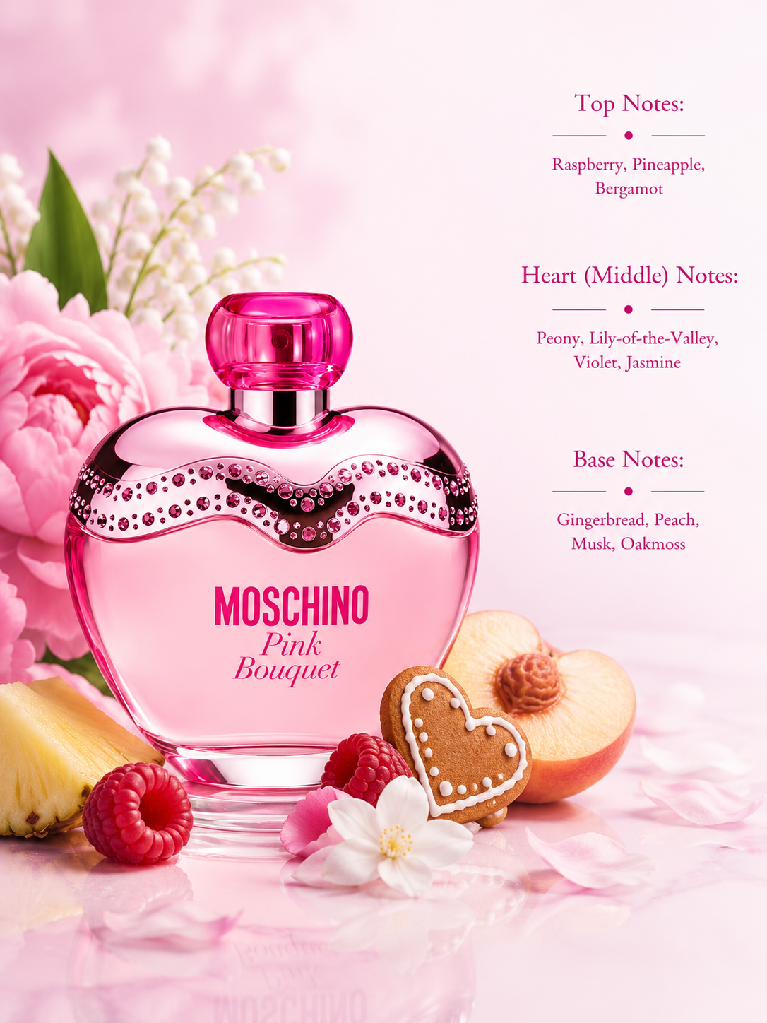 Moschino Pink Bouquet Eau de Toilette displayed with fragrance notes, surrounded by raspberry, pineapple, bergamot, peony, lily-of-the-valley, violet, jasmine, peach, gingerbread, and soft floral accents, highlighting its fruity-floral fragrance with sweet gourmand and musky woody accords.