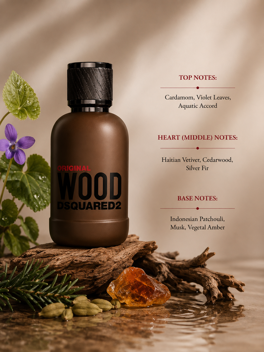 Dsquared2 Original Wood Eau de Parfum with fragrance notes, displayed beside cardamom, violet leaves, cedarwood, patchouli and amber resin, highlighting its fresh spicy and woody composition.
