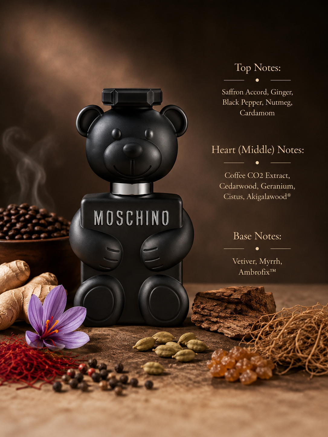Moschino Toy Boy Eau de Parfum displayed with fragrance notes, surrounded by saffron, ginger, black pepper, cardamom, coffee beans, cedarwood, vetiver, myrrh, and woody elements, highlighting its warm spicy-woody fragrance with aromatic, smoky, and amber accords.