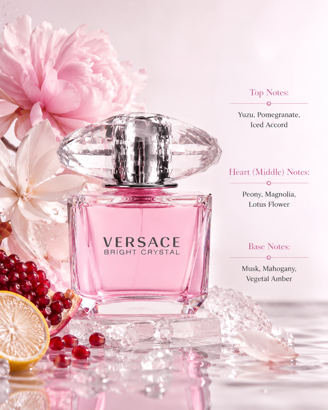 Versace Bright Crystal Eau de Toilette displayed with fragrance notes, surrounded by yuzu, pomegranate, ice crystals, peony, magnolia, lotus flowers, and soft pink blossoms, highlighting its fresh fruity-floral fragrance with sparkling citrus, delicate floral notes, and a warm musky amber base.