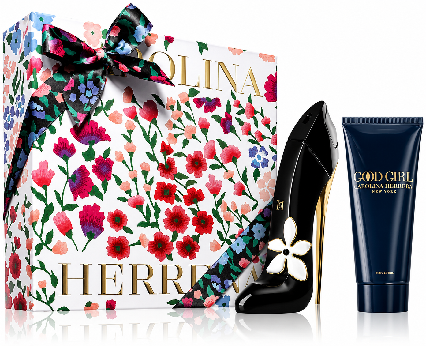 Carolina Herrera Good Girl Gift Set with Good Girl Eau de Parfum and Body Lotion in a floral limited-edition gift box.