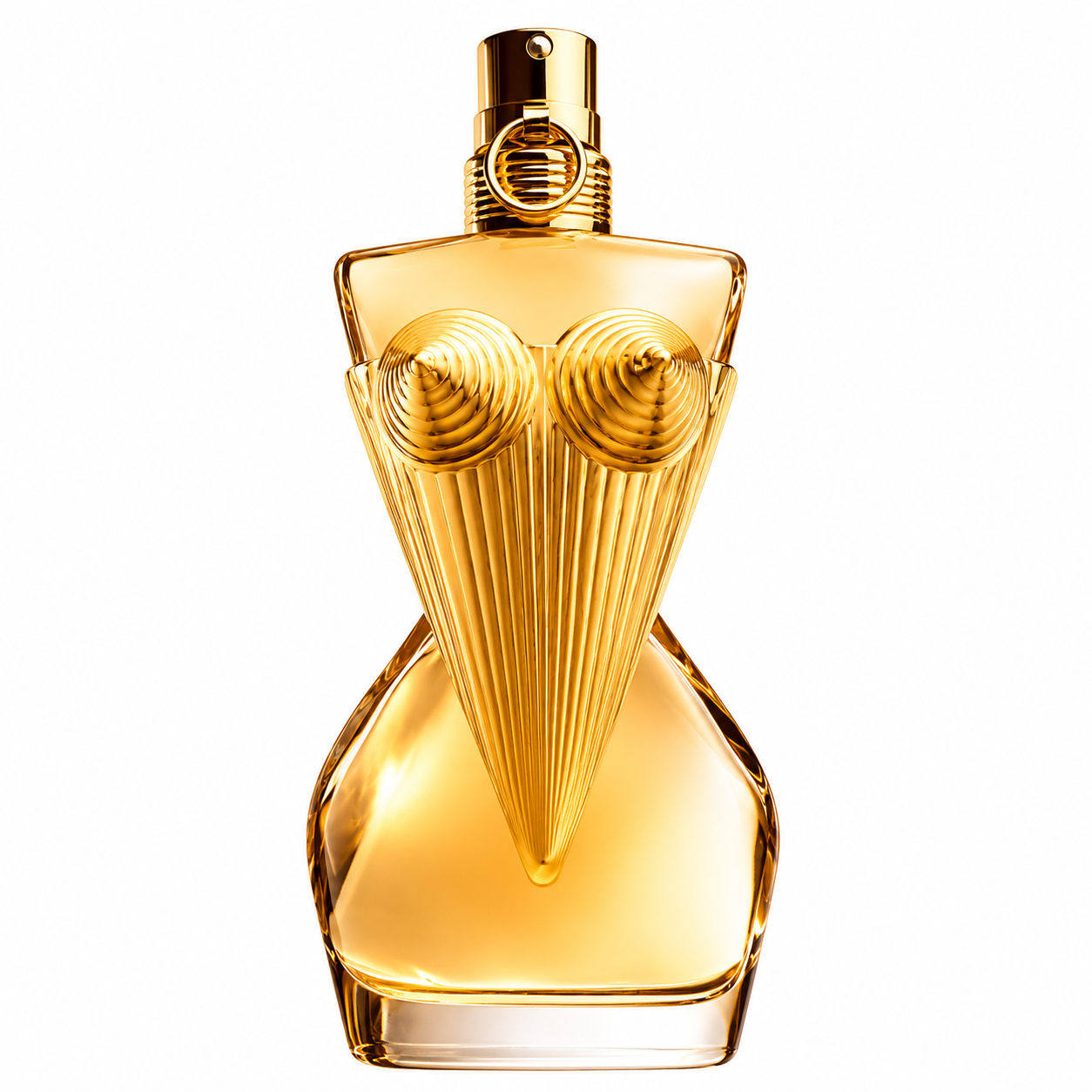 Jean Paul Gaultier Classique Eau de Toilette perfume bottle isolated on a white background, featuring the iconic golden female torso-shaped bottle with a sculpted corset design and a metallic gold spray nozzle.