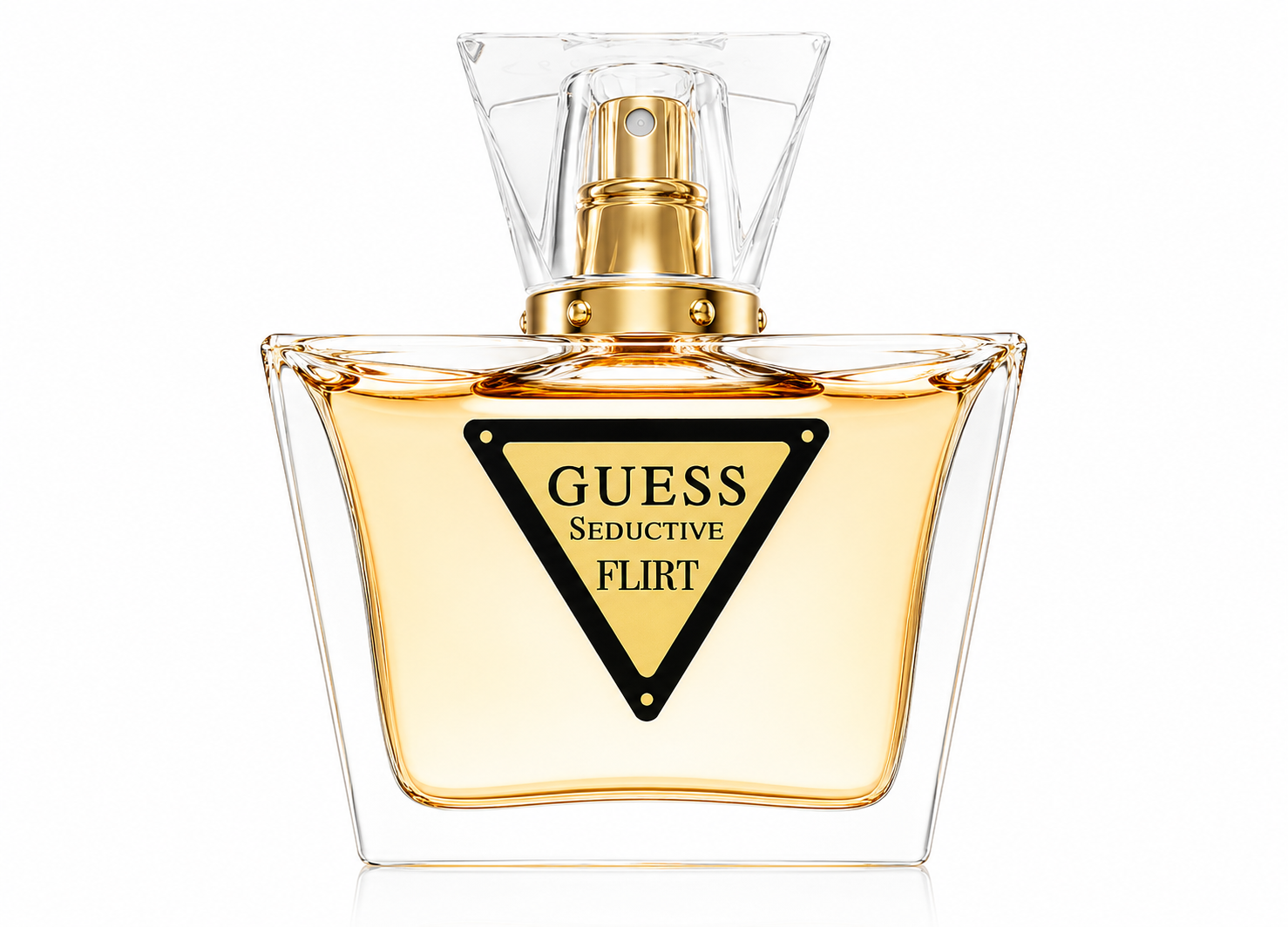 Guess Seductive Flirt Eau de Toilette for Women perfume bottle isolated on a white background, featuring a clear faceted glass bottle with golden fragrance, a transparent geometric cap, gold accents, and the signature black Guess triangle logo.