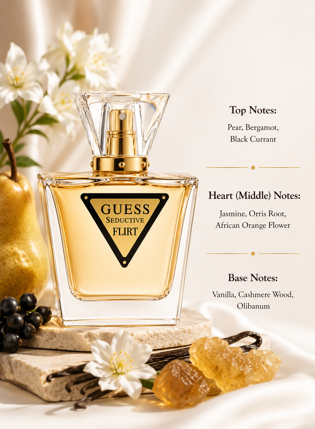 Guess Seductive Flirt Eau de Toilette for Women displayed with fragrance notes, surrounded by pear, bergamot, blackcurrant, jasmine, orris root, African orange flower, vanilla, cashmere wood, and olibanum, highlighting its fruity floral amber fragrance profile.
