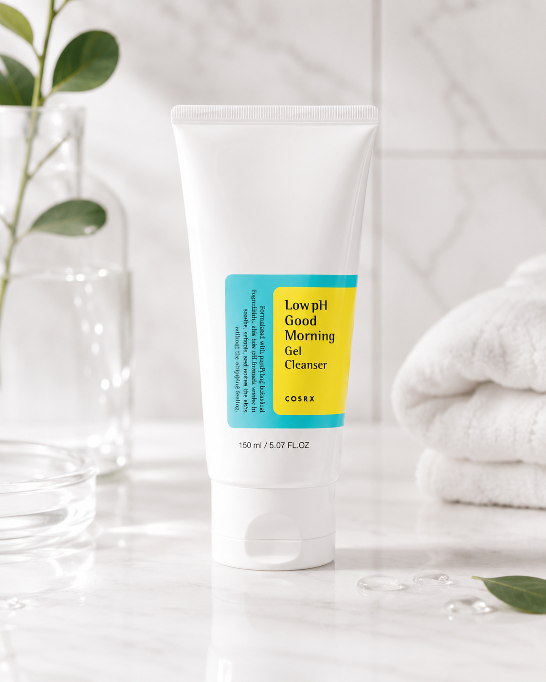 A white squeeze tube of CORXY Low pH Good Morning Gel Cleanser with a yellow and blue label, set on a marble surface with a glass vase, green leaves, and a stack of white towels in the background.