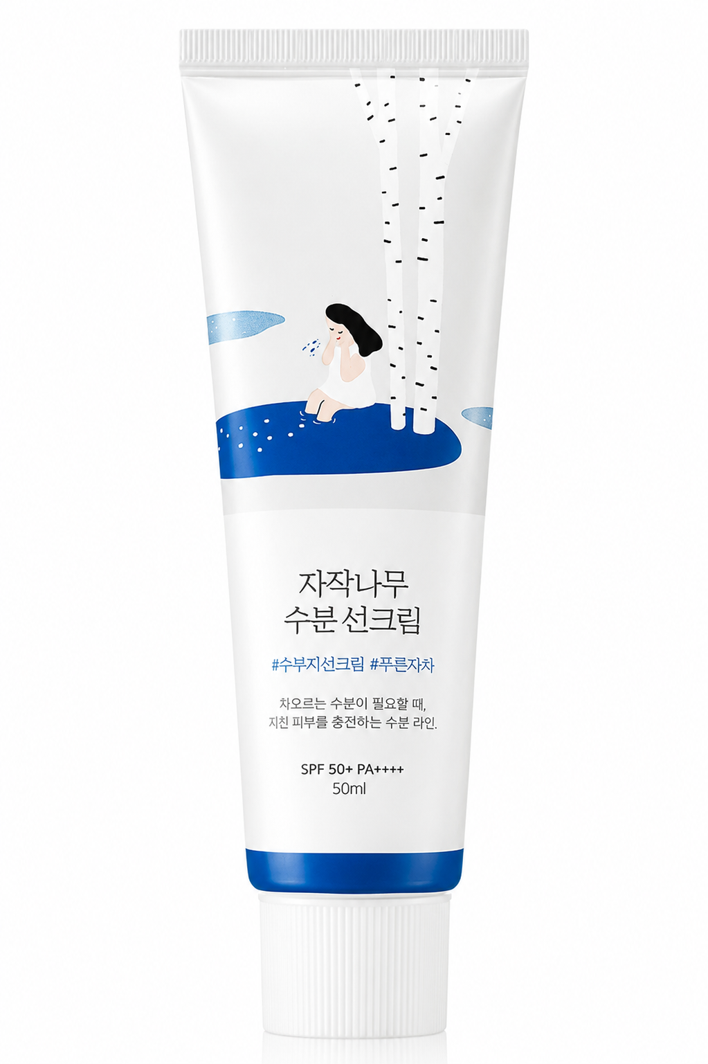 ROUND LAB Birch Juice Moisturizing Sunscreen SPF50+ PA++++ 50ml on a pure white background, featuring a lightweight Korean sunscreen enriched with Birch Sap, hyaluronic acid and moisturizing ingredients to provide broad-spectrum UV protection, deeply hydrate the skin, strengthen the skin barrier, soothe dryness and leave a fresh, natural finish without white cast or greasiness.